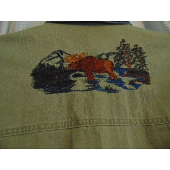 Vtg. Canadian Outdoors Long-Sleeve Button Shirt Embroidered Moose Khaki/Denim XL - Picture 6 of 13